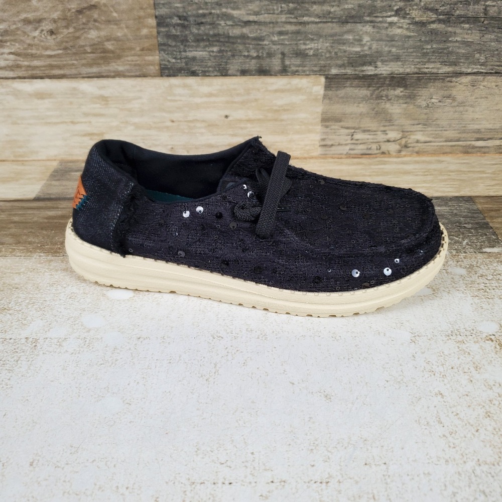 Hey Dude Wendy Sequin Lace Womens Loafers Sz 7 Black Round Toe Slip On Shoes
